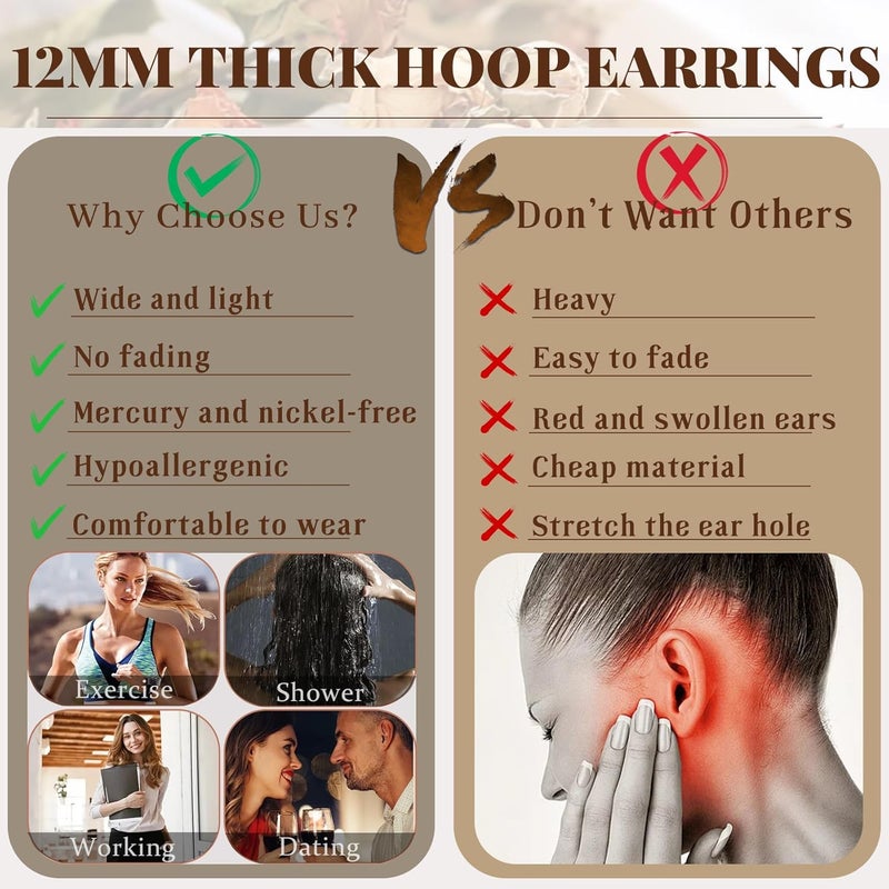 Senteria 12mm Wide Thick Hoop Earrings 925 Sterling Silver Hoop Earrings for Women Hypoallergenic 14K Real Gold Plated Hoops Large Earring Lightweight Chunky Hoops Earring for Women 25/30/40/50MM - Image 5